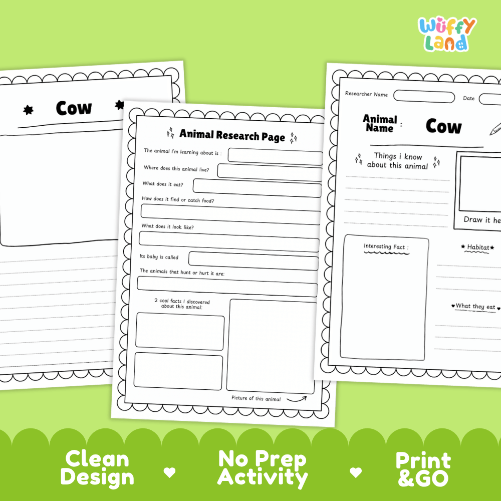Cow Animal Research Project Graphic Organizers and Fact Sheet