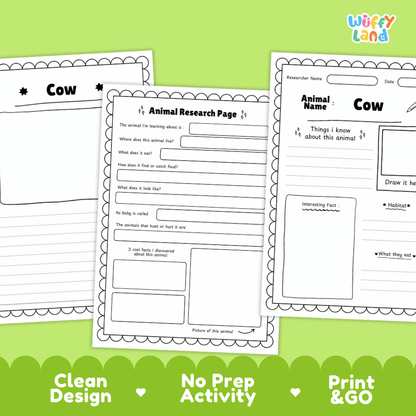 Cow Animal Research Project Graphic Organizers and Fact Sheet