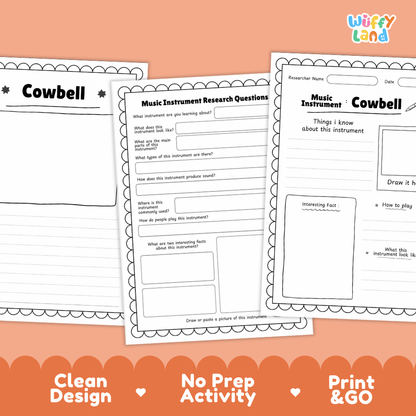Cowbell Music Research Page Worksheets and Fact Sheet