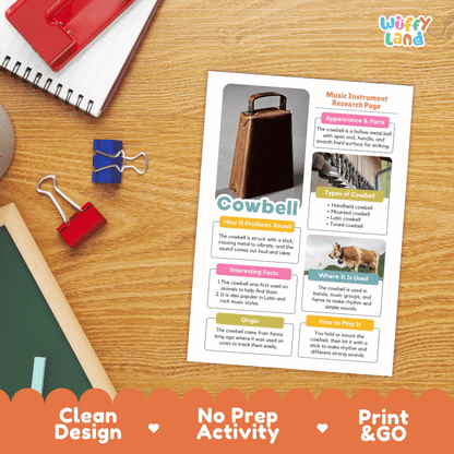 Cowbell Music Research Page Worksheets and Fact Sheet