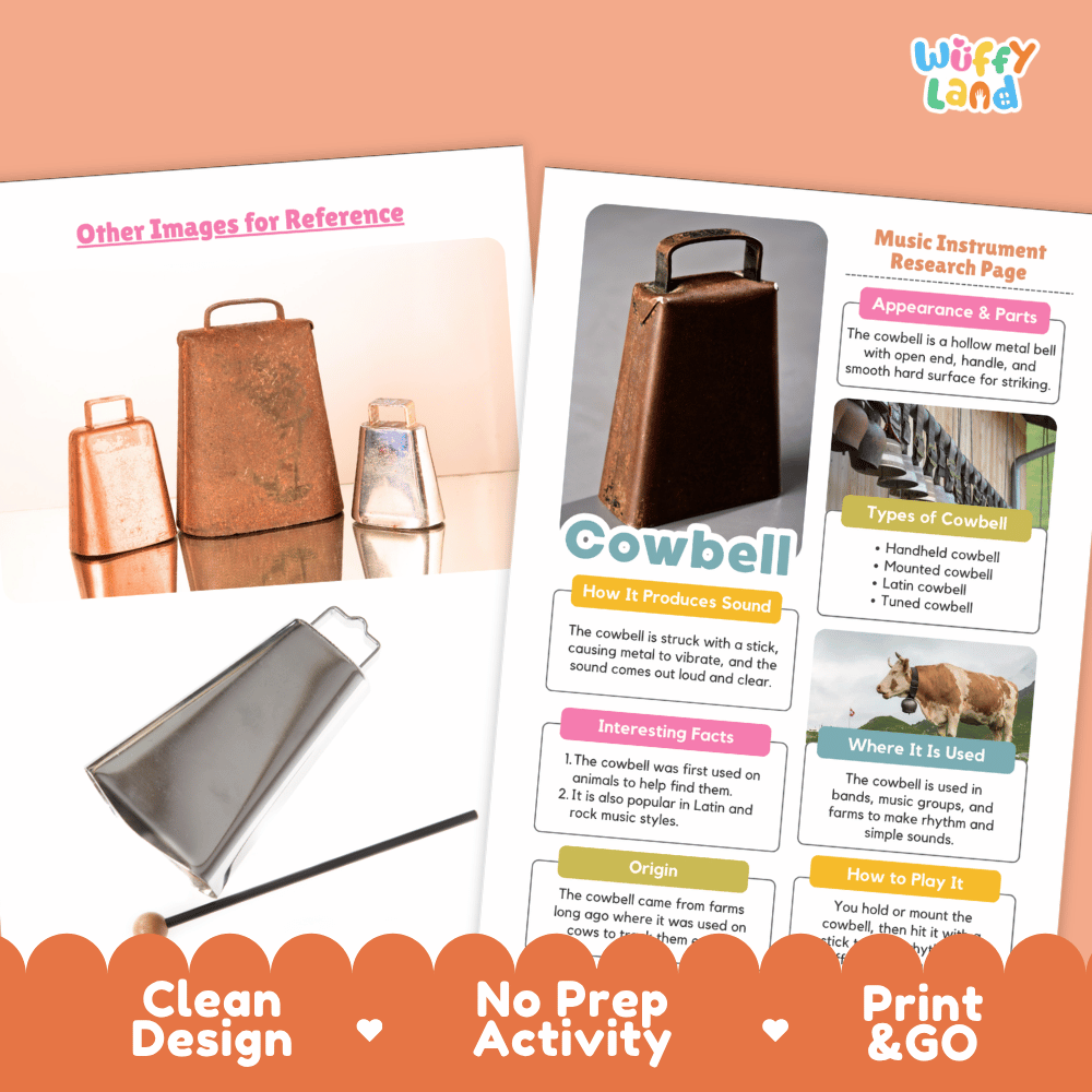 Cowbell Music Research Page Worksheets and Fact Sheet