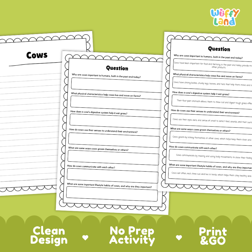 Cows Reading Passage and Comprehension Questions Worksheets