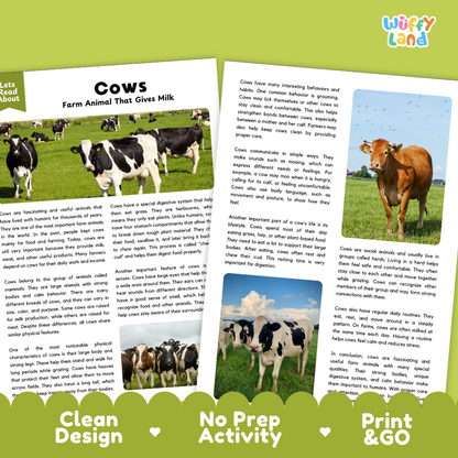 Cows Reading Passage and Comprehension Questions Worksheets