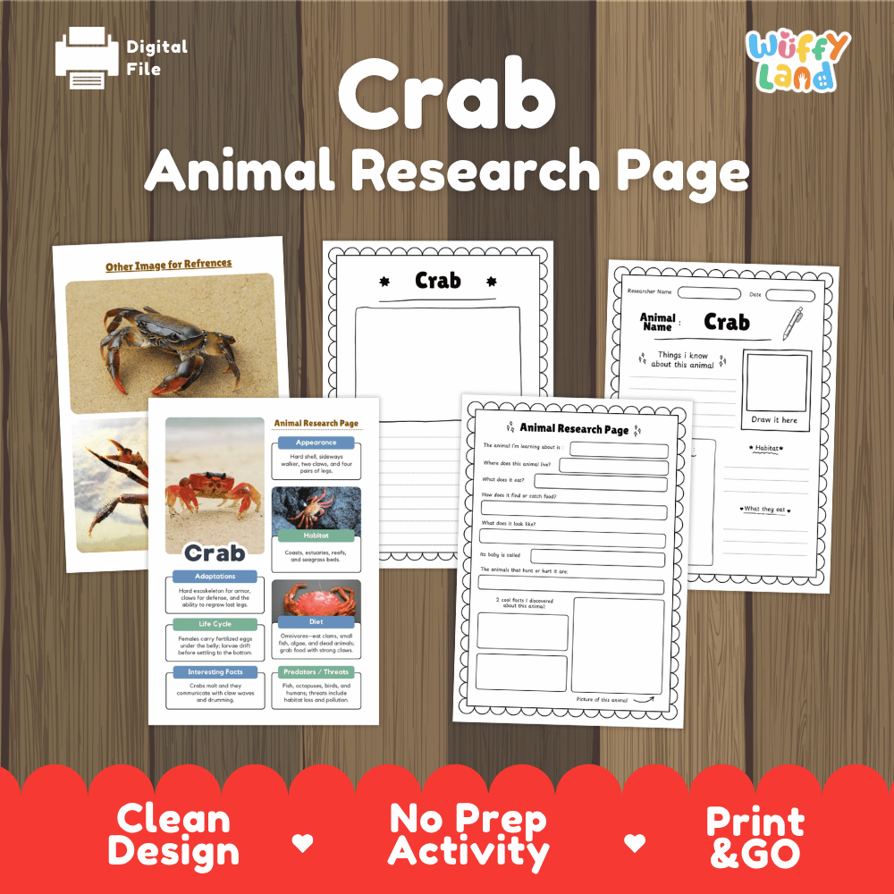 A digital printable activity sheet set titled 'Crab Animal Research Page' shown on a wood background. The design includes multiple worksheet pages with crab photos, labeled sections for animal facts, references, and writing prompts, plus a red banner at the bottom with product features.