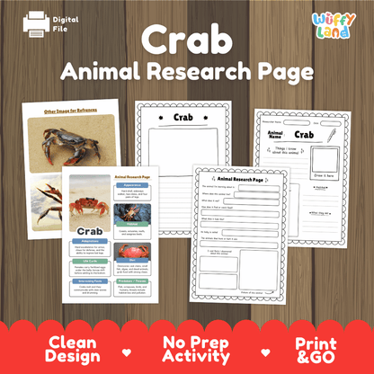 A digital printable activity sheet set titled 'Crab Animal Research Page' shown on a wood background. The design includes multiple worksheet pages with crab photos, labeled sections for animal facts, references, and writing prompts, plus a red banner at the bottom with product features.