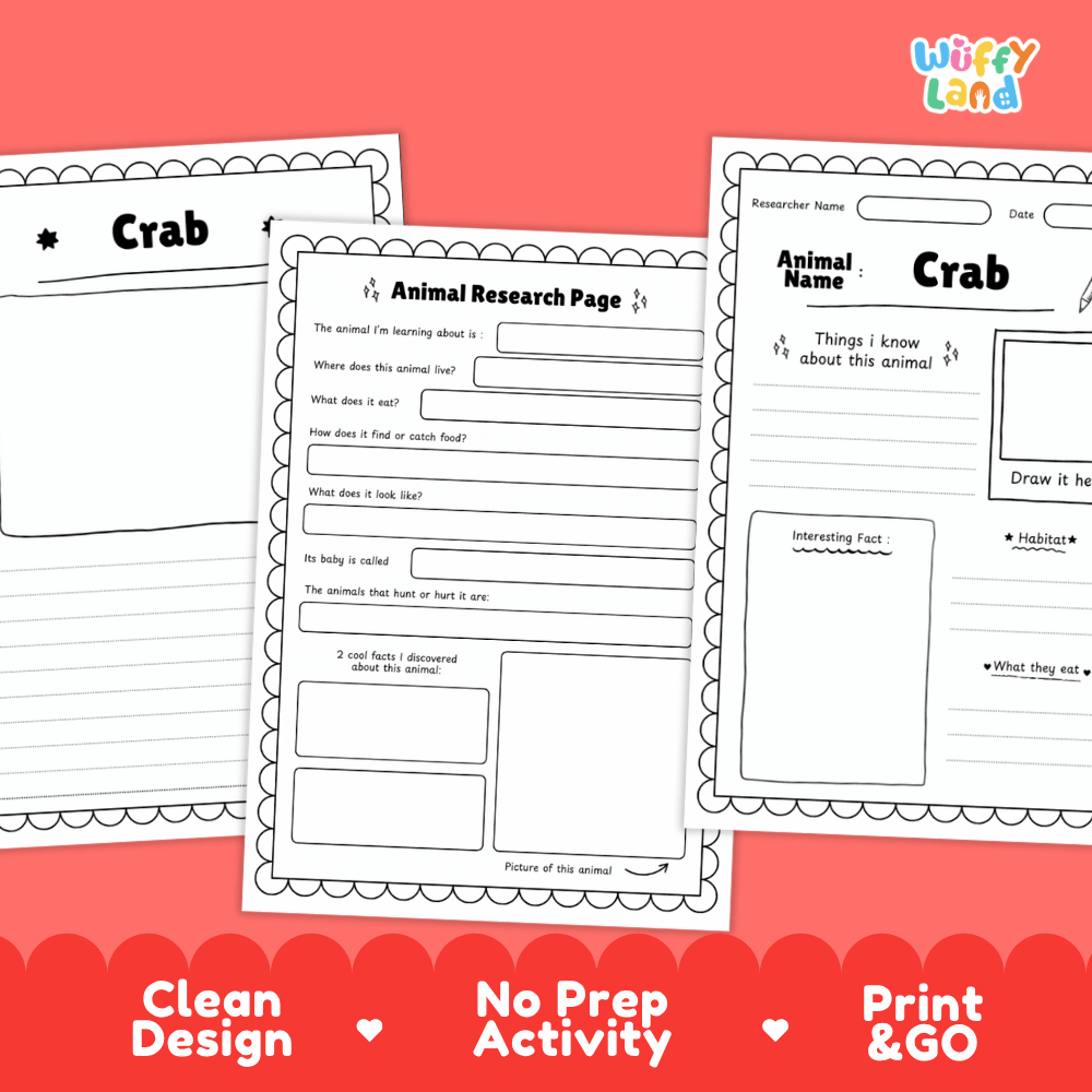 Three printable worksheet pages for crab animal research are shown on a coral-red background. The pages are black-and-white with writing fields, a drawing box, and the Wiffly Land logo in the top right.