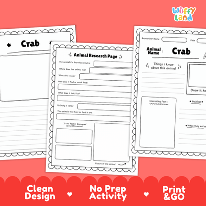 Three printable worksheet pages for crab animal research are shown on a coral-red background. The pages are black-and-white with writing fields, a drawing box, and the Wiffly Land logo in the top right.