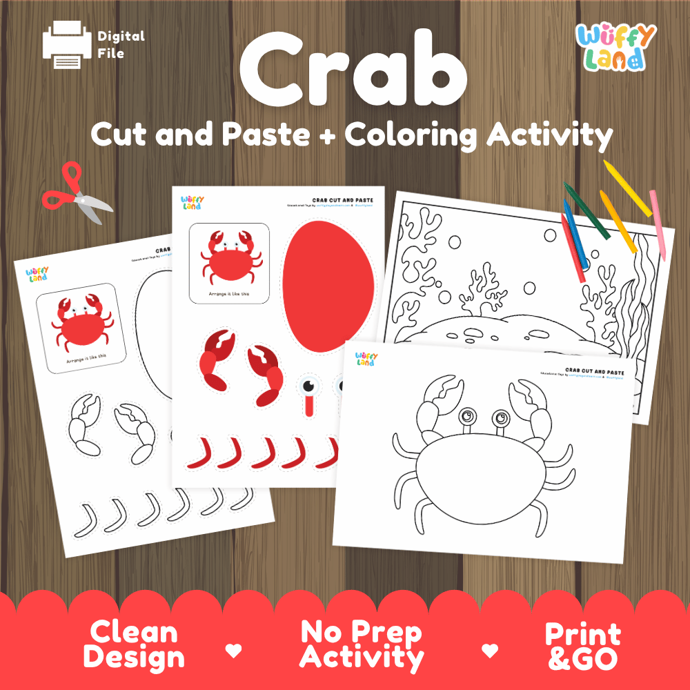 Crab Cut and Paste Craft and Coloring Pages Activity Worksheets