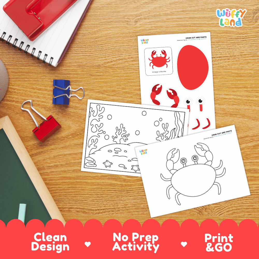 Crab Cut and Paste Craft and Coloring Pages Activity Worksheets