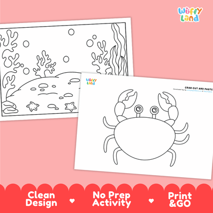 Crab Cut and Paste Craft and Coloring Pages Activity Worksheets