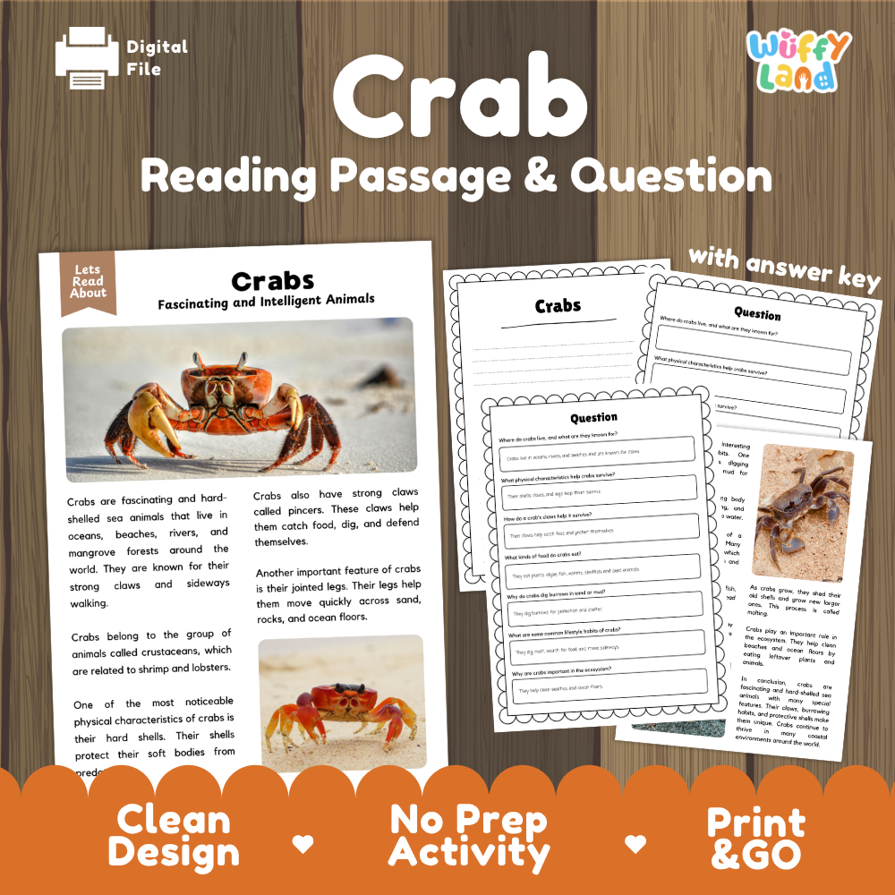 Crab Reading Passage and Comprehension Questions Worksheets