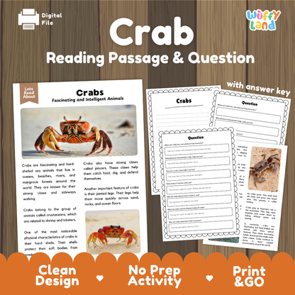 Crab Reading Passage and Comprehension Questions Worksheets