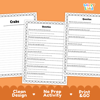 Crab Reading Passage and Comprehension Questions Worksheets