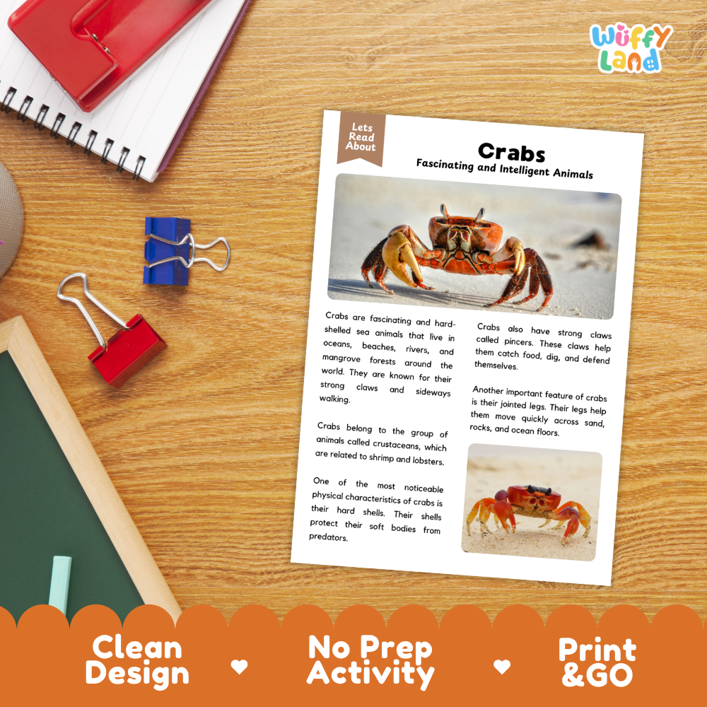 Crab Reading Passage and Comprehension Questions Worksheets
