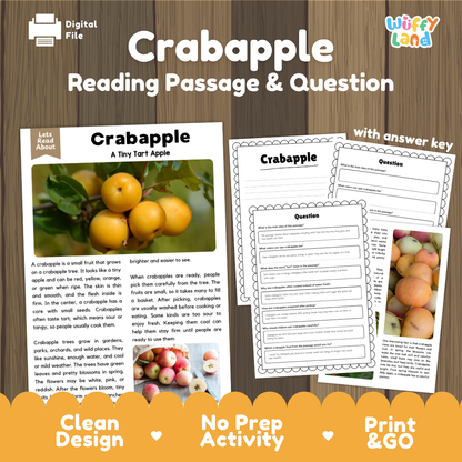 Crabapple reading comprehension passage and questions printable activity pack with answer key for elementary students