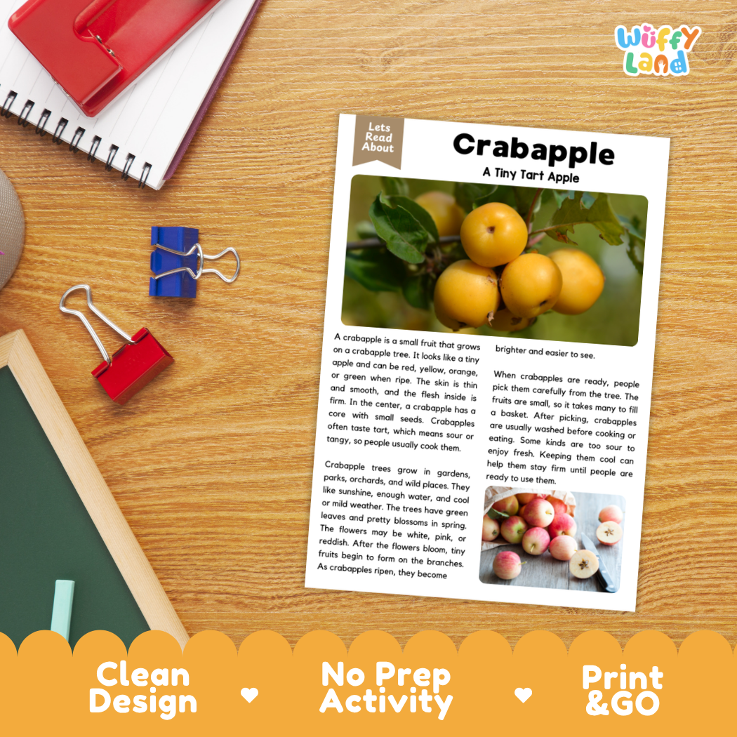 Student reading comprehension worksheet with short-answer questions and lined sections about the crabapple fruit