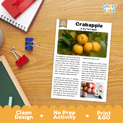 Student reading comprehension worksheet with short-answer questions and lined sections about the crabapple fruit