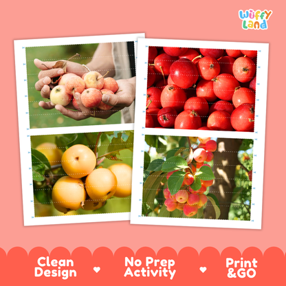 Printable activity sheets featuring photographic crabapple puzzle boards and cutting guides
