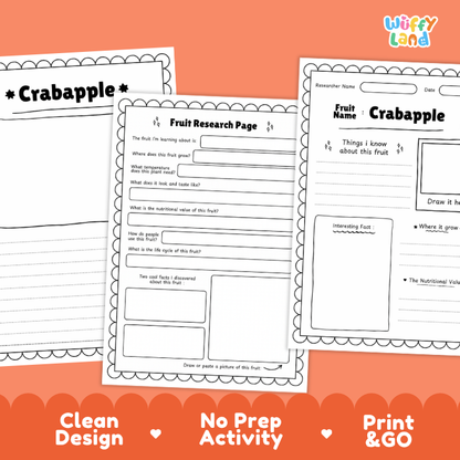 Three printable fruit research activity sheets for kids titled 'Crabapple' are shown overlapping on an orange background with marketing text at the bottom. The sheets are white with black printed lines and text, and the brand name 'Wiffi Land' appears in the top right corner.