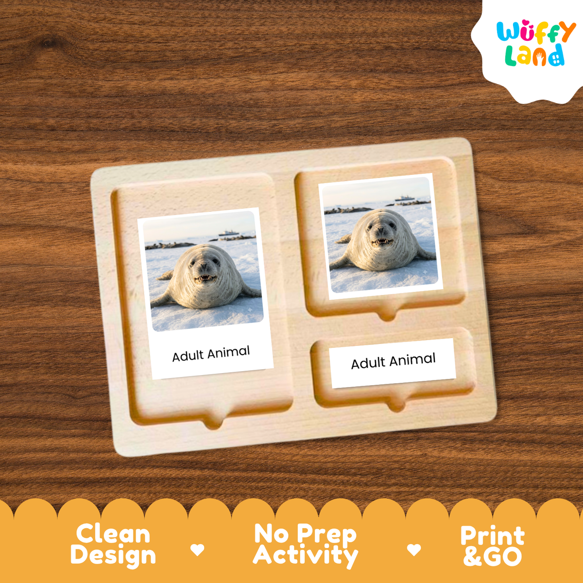 A wooden two-compartment activity tray from Wuffy Land, featuring two photo slots with labels reading 'Adult Animal' and printed images of seals. The tray is displayed on a dark wood background with a yellow promotional banner at the bottom highlighting its clean design, no prep requirement, and print-and-go convenience.