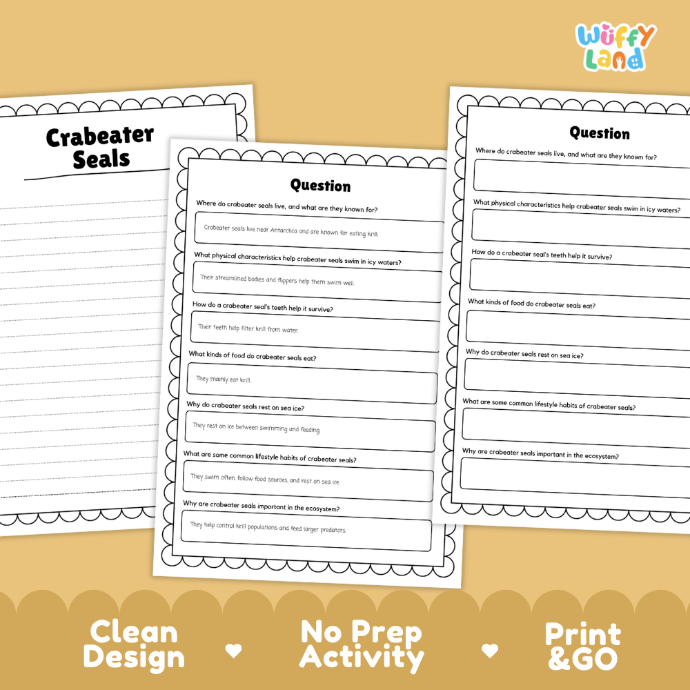 Crabeater Seal Reading Passage and Comprehension Questions with Answer Key Worksheets