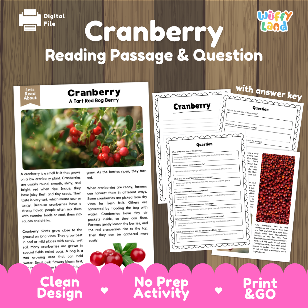 Cranberry reading comprehension passage and questions printable activity pack with answer key for elementary students
