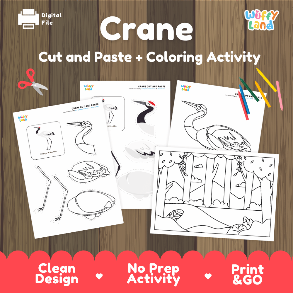 Crane Cut and Paste Craft and Coloring Activity Worksheets