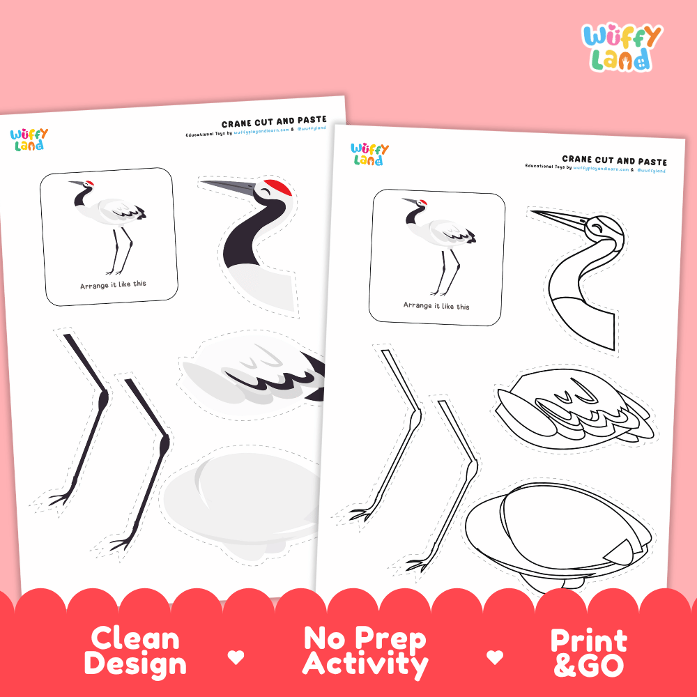 Crane Cut and Paste Craft and Coloring Activity Worksheets