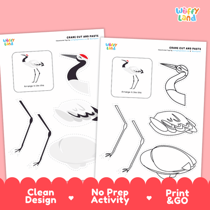 Crane Cut and Paste Craft and Coloring Activity Worksheets