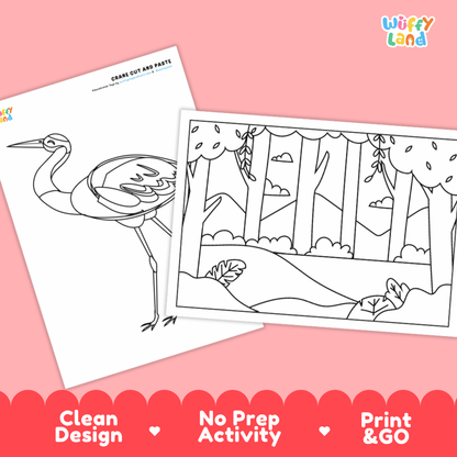 Crane Cut and Paste Craft and Coloring Activity Worksheets