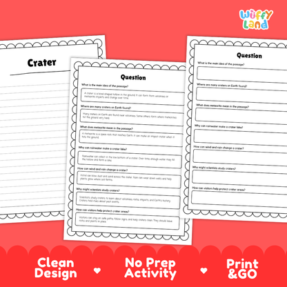 Informational reading passage page explaining crater formation volcanic blasts and meteorite impacts with real photos