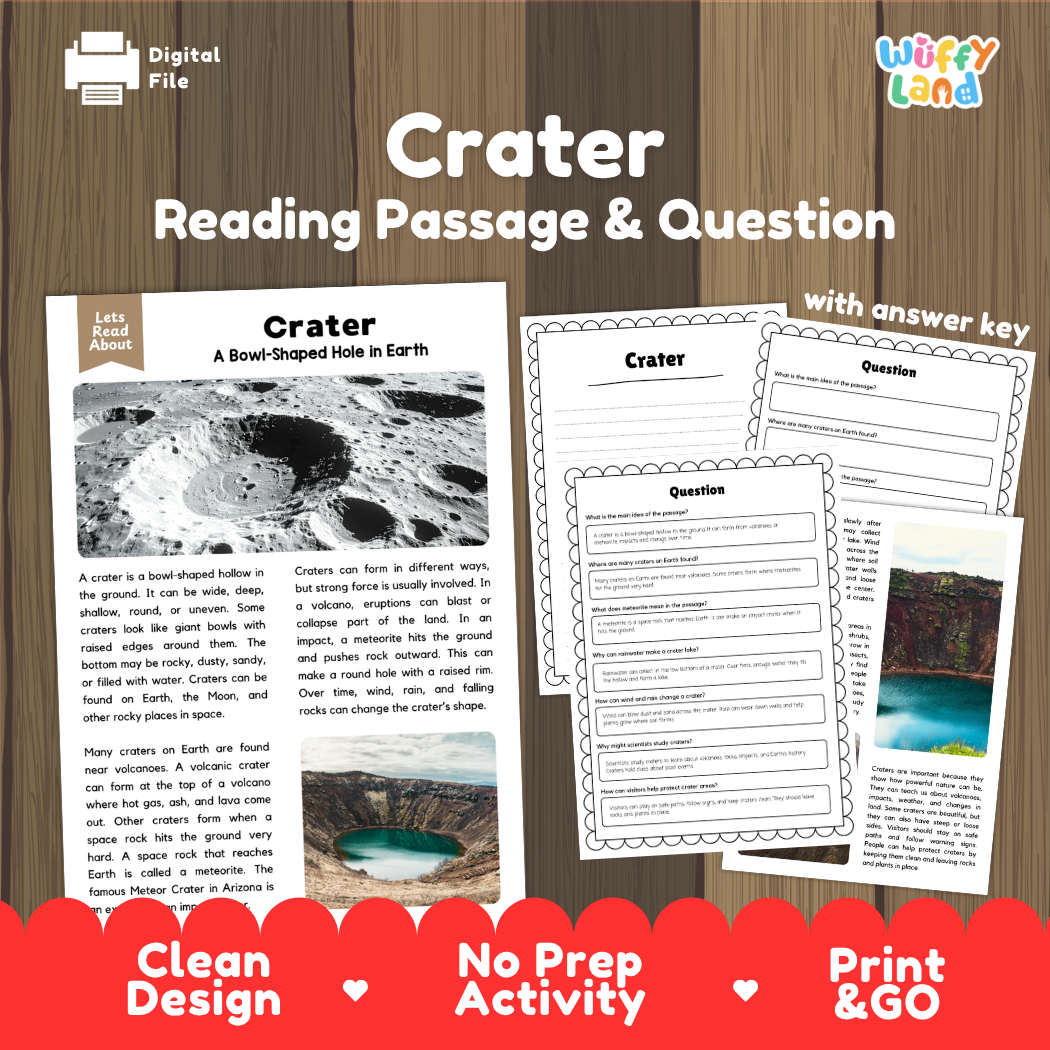 Crater landform reading comprehension passage and questions printable activity pack with answer key for elementary students