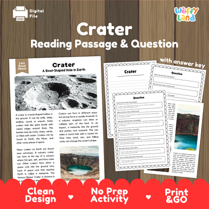 Crater landform reading comprehension passage and questions printable activity pack with answer key for elementary students
