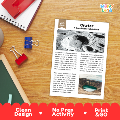 Student reading comprehension worksheet with short-answer questions and handwriting lines about craters