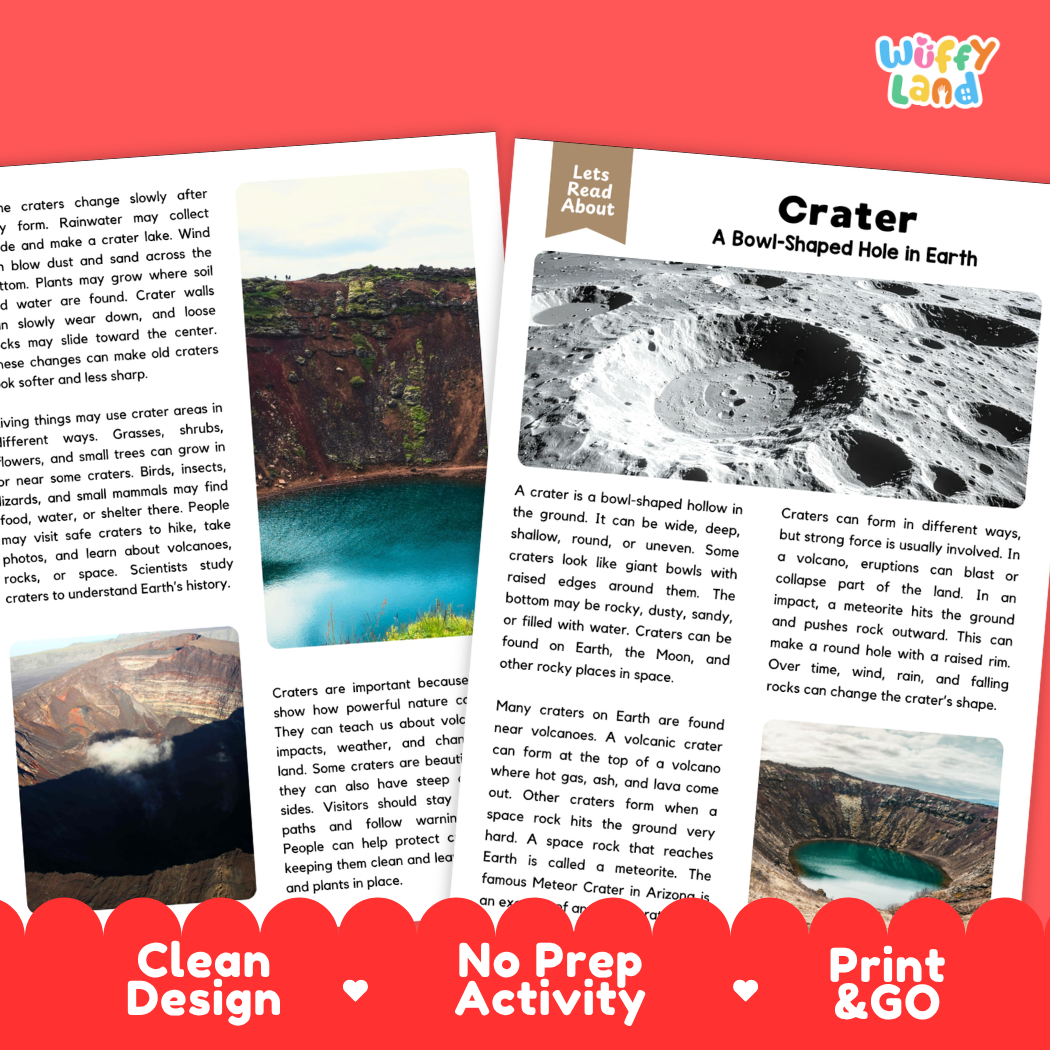 Teacher answer key page showing complete question solutions for crater reading comprehension practice