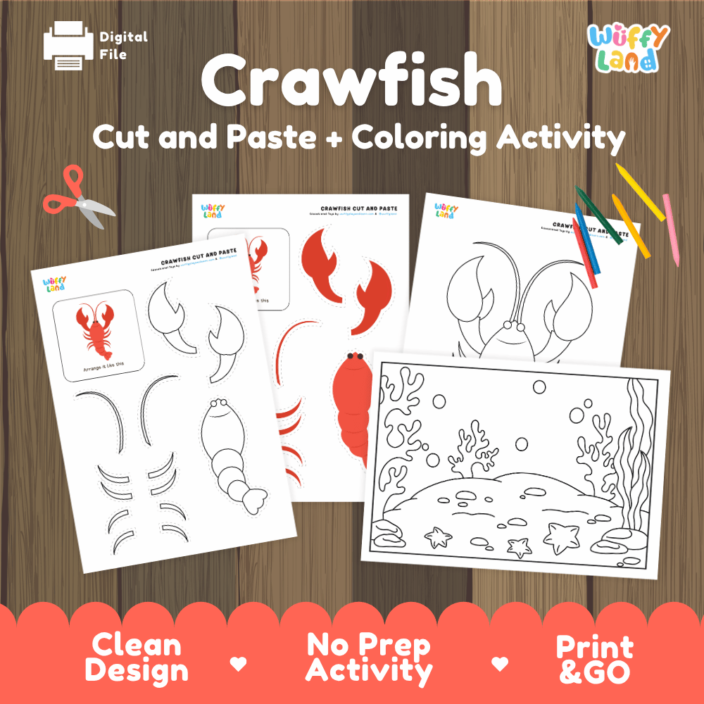 Crawfish Cut and Paste Craft and Coloring Activity Worksheets