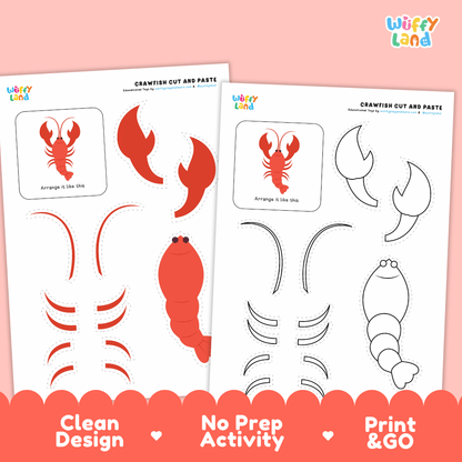 Crawfish Cut and Paste Craft and Coloring Activity Worksheets