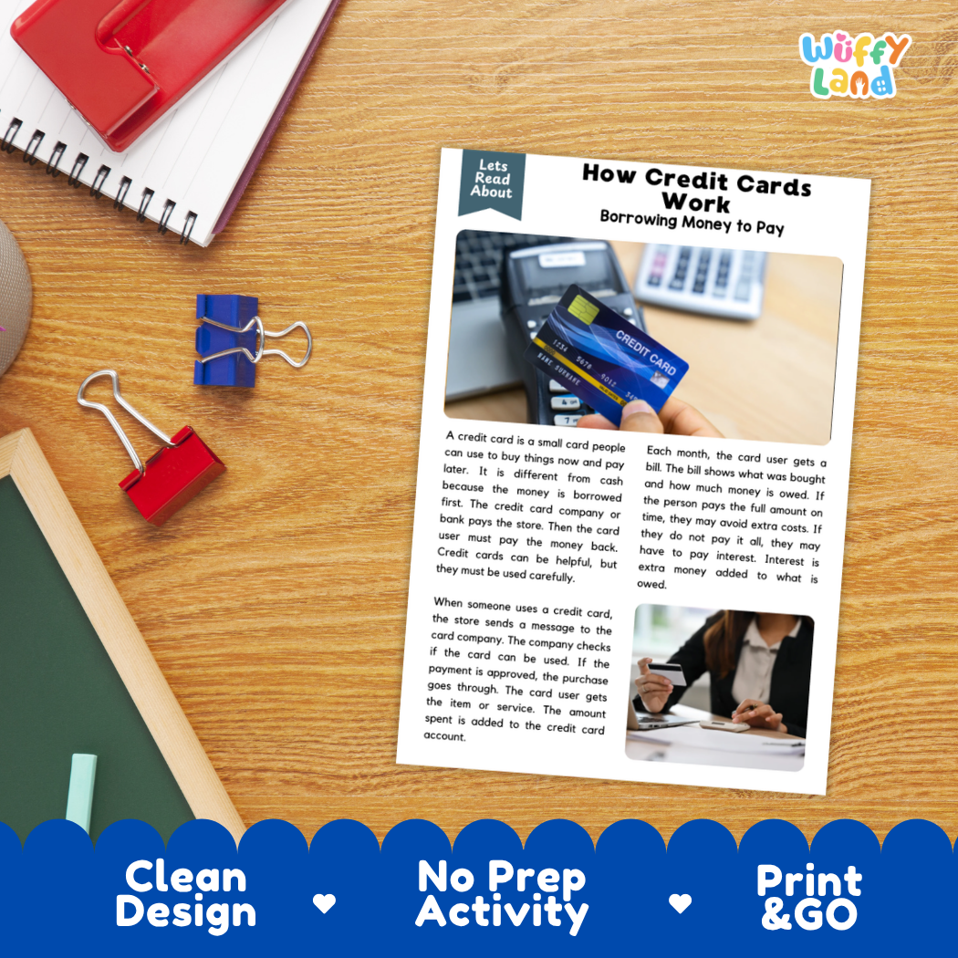 Printable student worksheet with short-answer reading comprehension questions covering credit cards and financial literacy