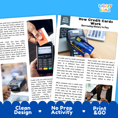 Complete teacher answer key worksheet providing detailed model responses for credit card comprehension questions