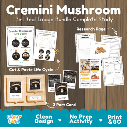 Cremini mushroom 3in1 real image bundle complete study printable featuring life cycle cut and paste worksheets, Montessori 3-part cards, and research pages