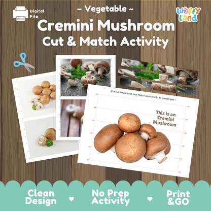 Cremini mushroom cut and match activity cover showing printable fine motor puzzle sheets and mushroom photographs