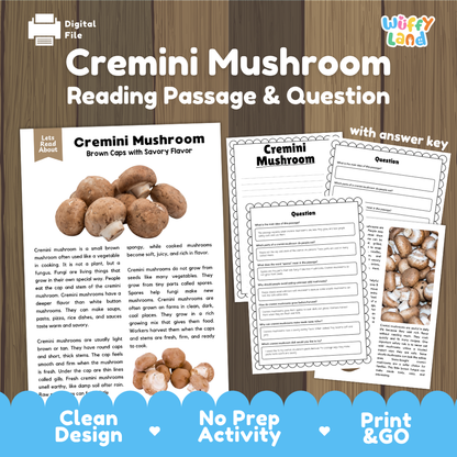 Cremini mushroom reading comprehension passage and questions printable activity pack with answer key for elementary students