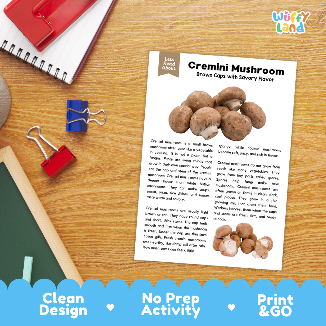 Student reading comprehension worksheet with short-answer questions and lined sections about cremini mushrooms