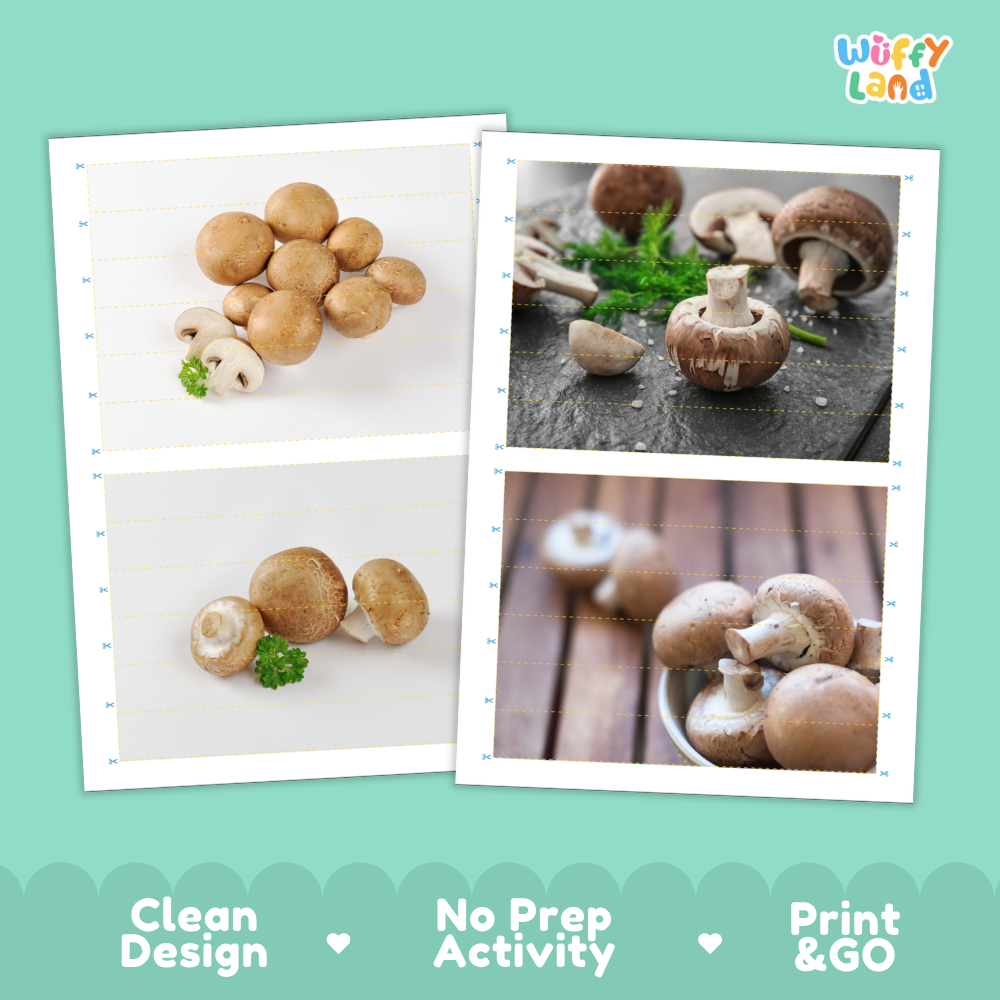 Printable activity sheets featuring photographic cremini mushroom puzzle boards and cutting guides