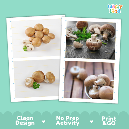Printable activity sheets featuring photographic cremini mushroom puzzle boards and cutting guides