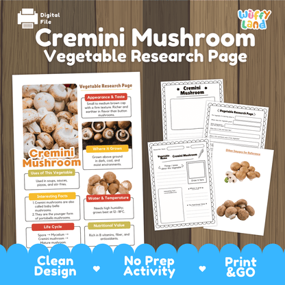 Student vegetable research page writing worksheets with real fresh cremini mushroom photos, lined note-taking prompts, and drawing frames
