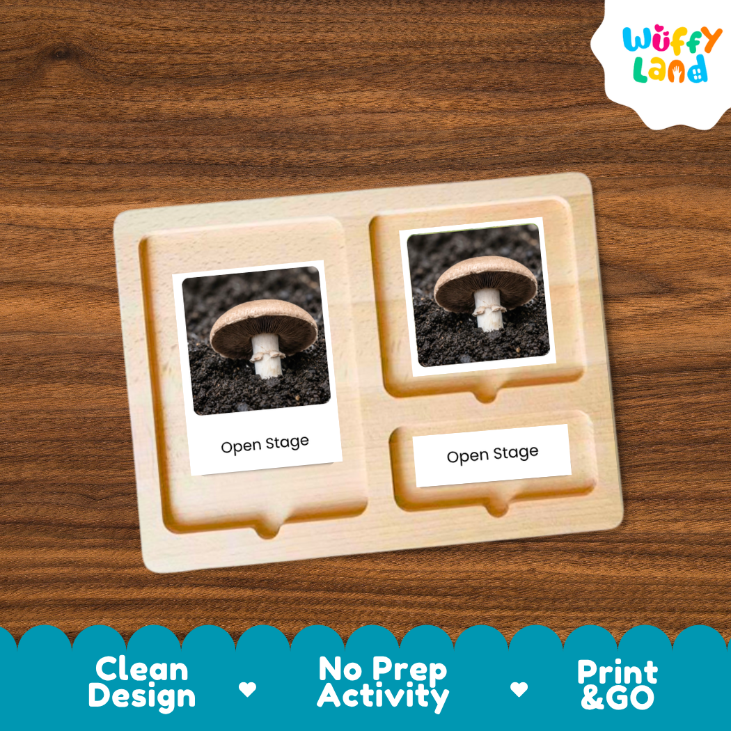 A wooden Montessori-style activity tray with two photo slots showing mushroom images and the text 'Open Stage,' placed on a brown wood surface. A 'Wuffy Land' logo appears in the top right, and a blue banner at the bottom reads 'Clean Design,' 'No Prep Activity,' and 'Print & GO.