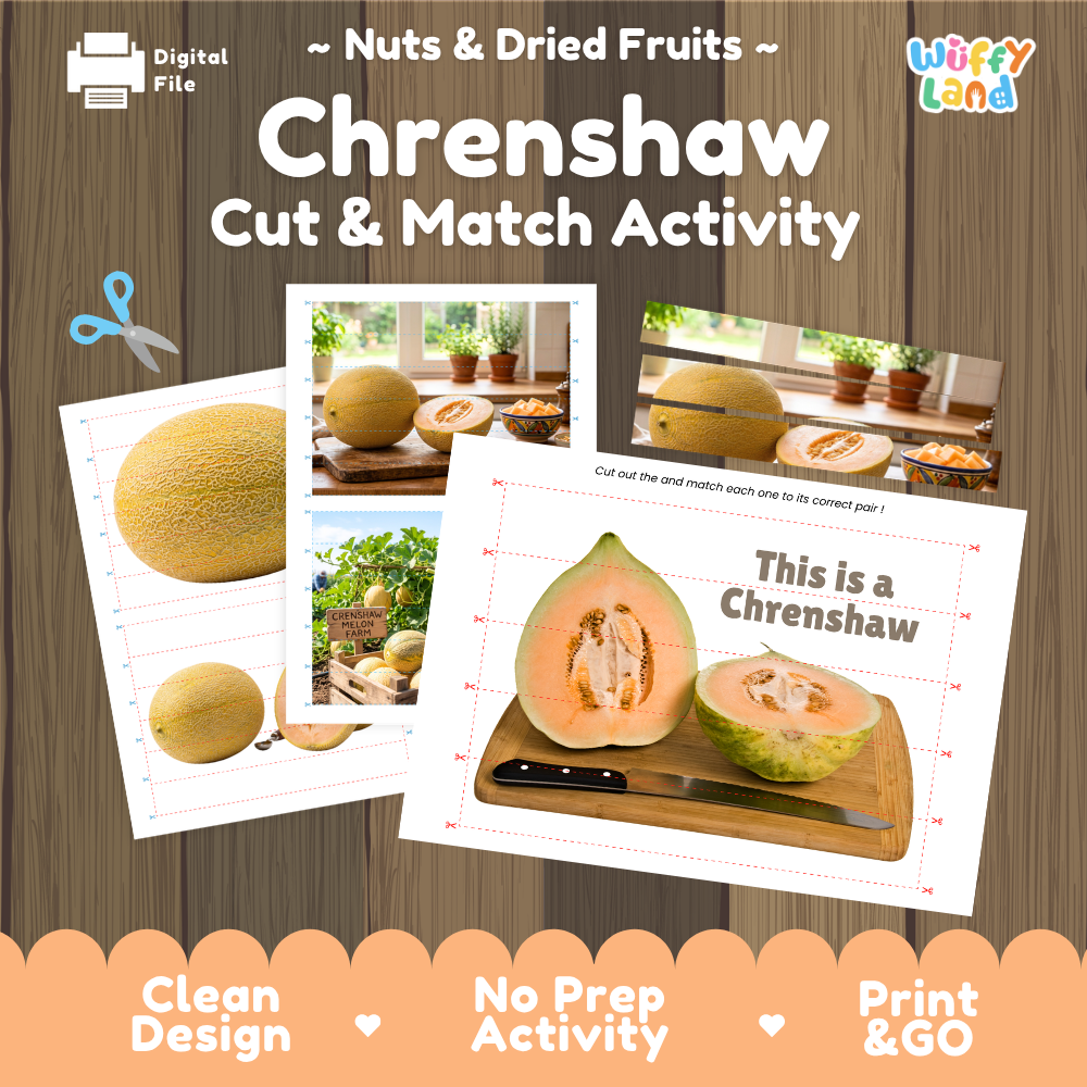 Crenshaw melon cut and match activity cover showing printable fine motor puzzle sheets and melon photographs