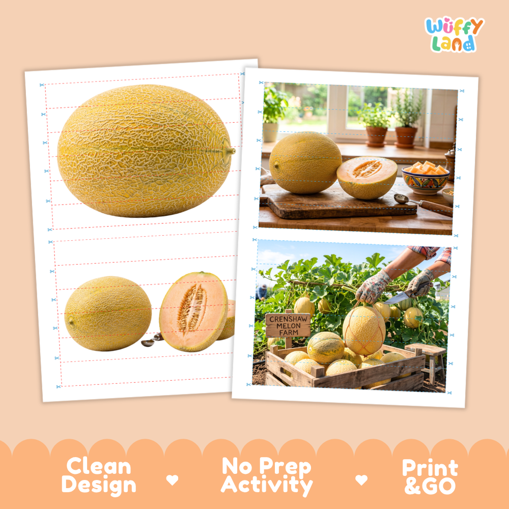 Printable activity sheets featuring photographic Crenshaw melon puzzle boards and cutting guides