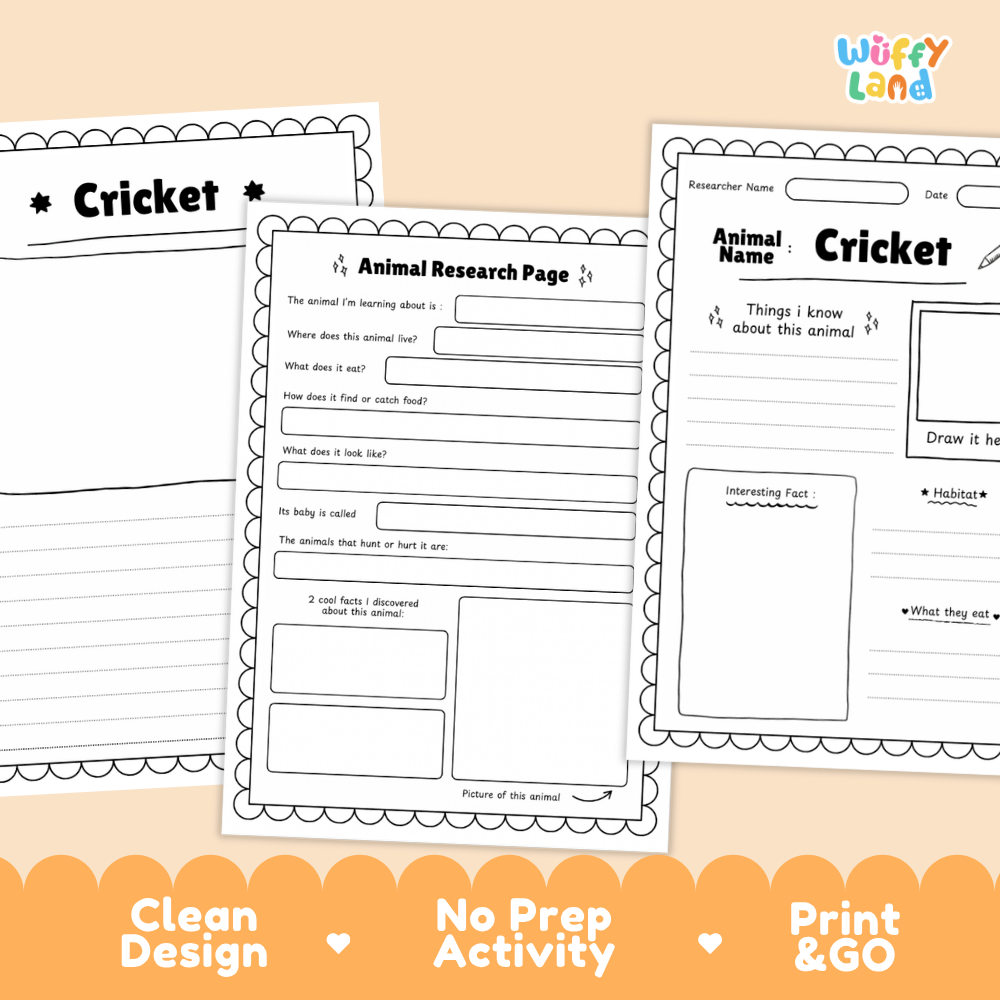Three printable animal research worksheet pages about a cricket are shown on a peach background with an orange banner at the bottom. The pages include writing boxes, a drawing area, and labeled sections for animal name, date, and interesting facts.